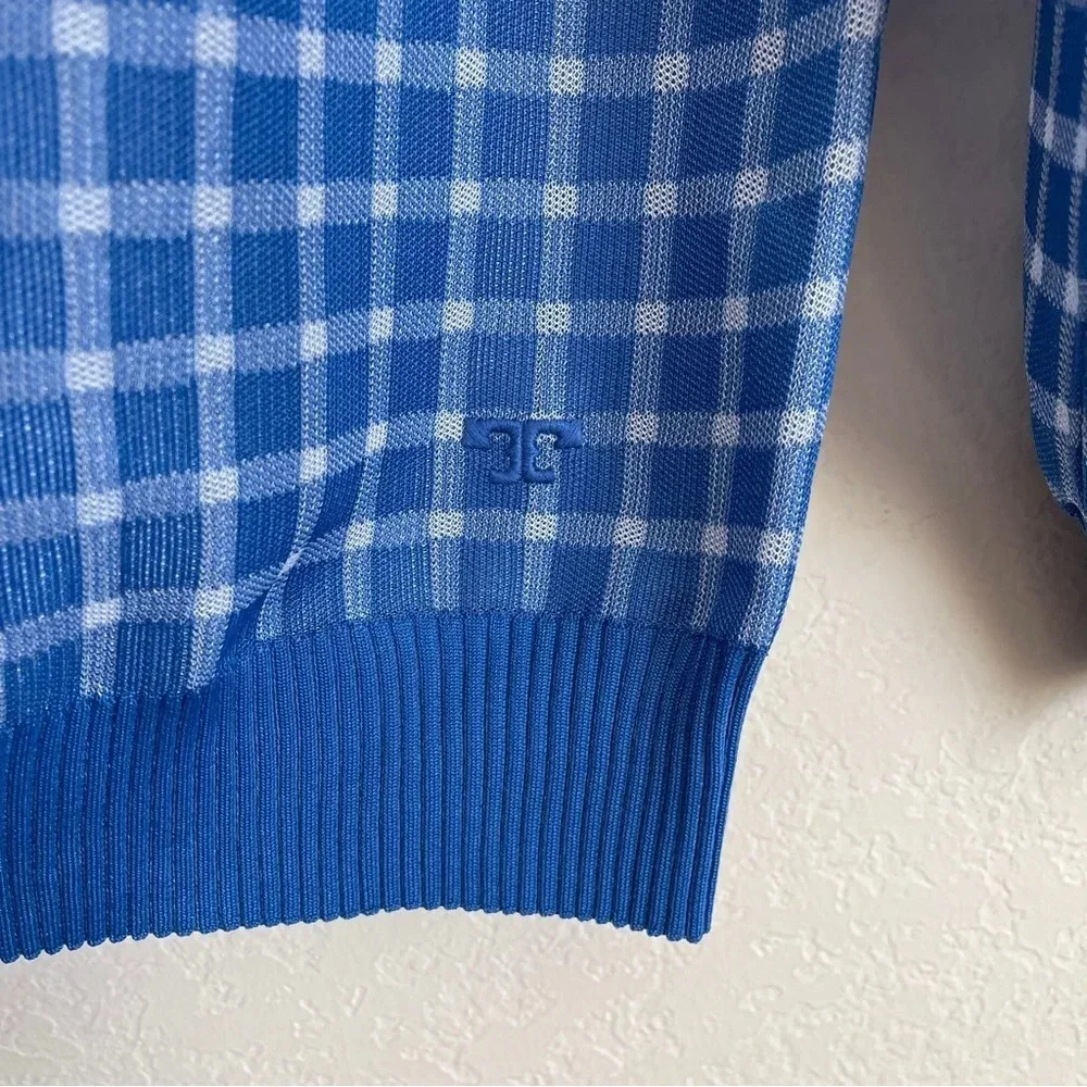 NWT Tory Burch Sheer Plaid Boyfriend Cardigan Blue White long sleeve sweater